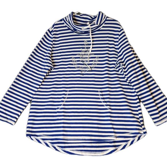 Quacker Factory Nautical Tunic Top Womens XL Blue White Sequins Anchor Beach - Picture 1 of 7